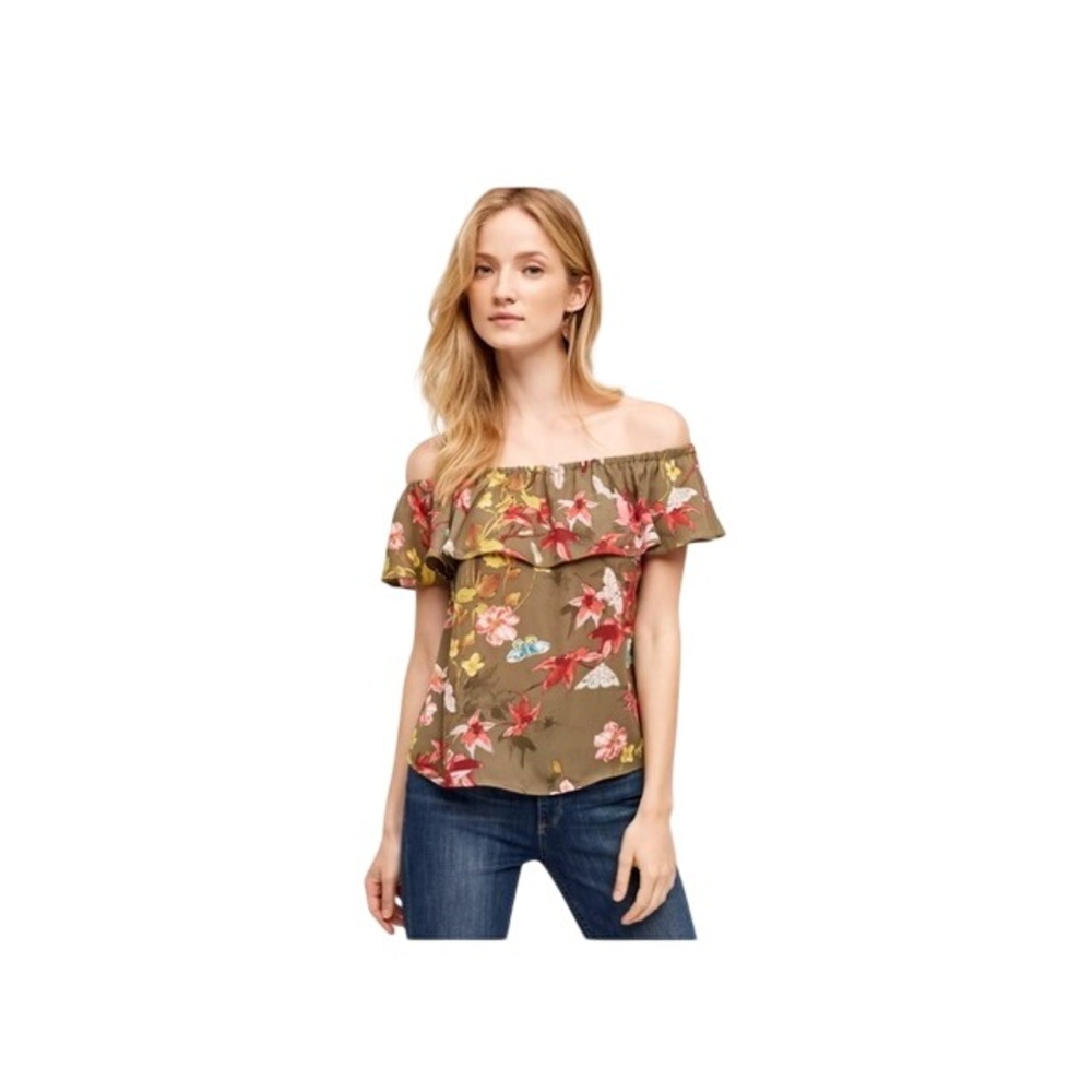 Maeve Anthropologie Floral Butterfly Off Shoulder Ruffle Blouse Olive Green S